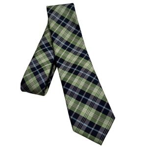 Chaps Mens Plaid Necktie Green Navy Blue White Polyester Handmade Tie